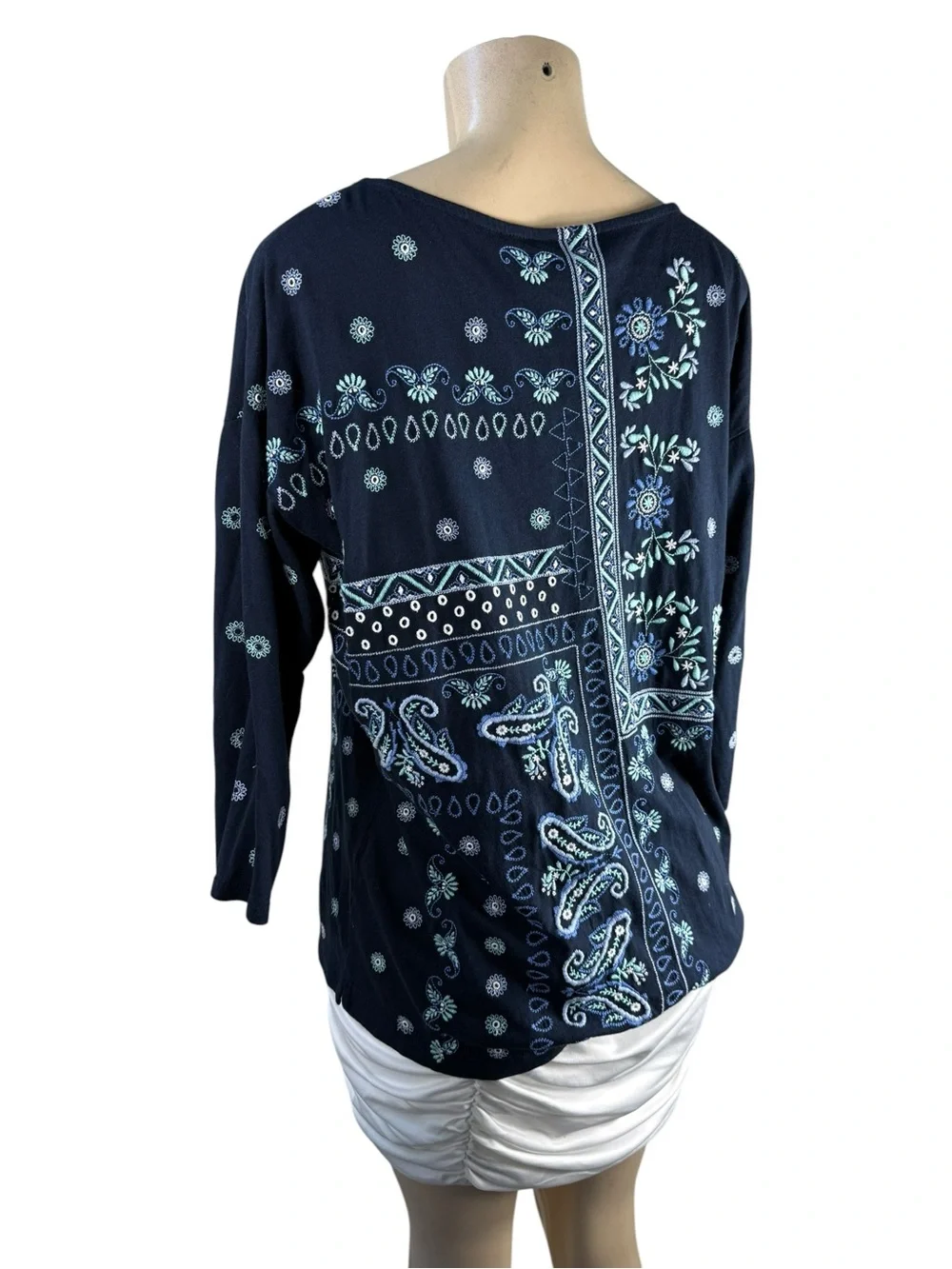 J.JILL Navy Floral Patchwork Boatneck Cotton Women's Top Size Medium